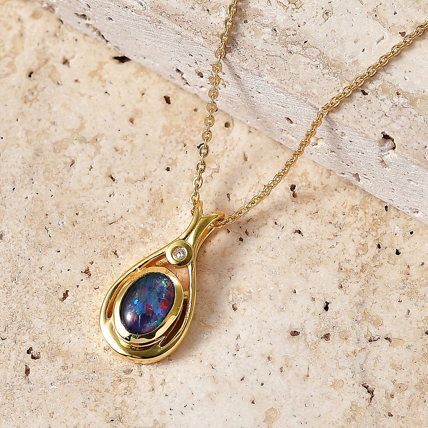 Luxuriant - Boulder Opal Triplet & Lab Grown Diamond (SI-G-H) Pendant with Chain (Size 20) in Yellow Gold Plated Sterling Silver 0.60 Ct.