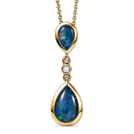 D'Joy - Boulder Opal Triplet & White Zircon Pendant with Chain (Size 20) in Yellow Gold Plated Sterling Silver 1.30 Ct.