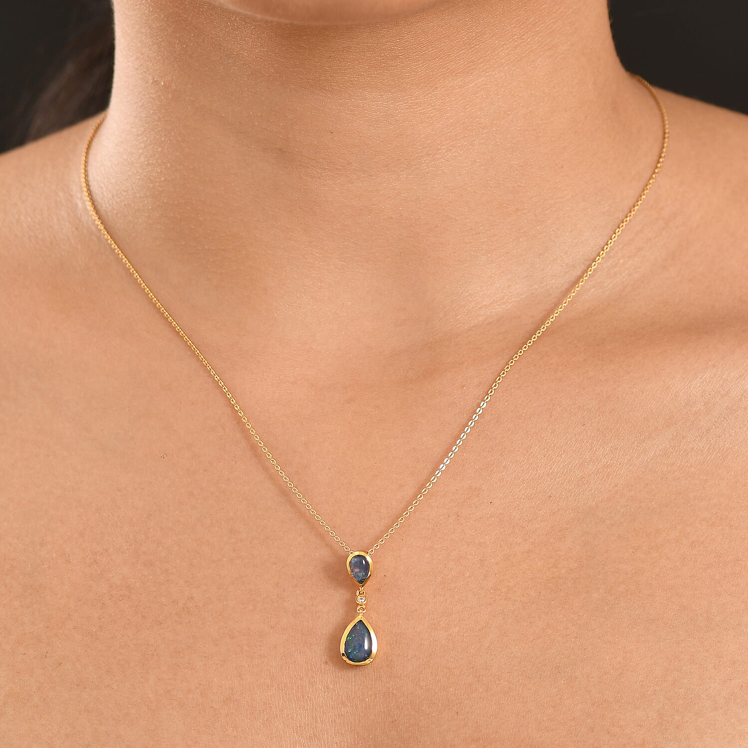 D'Joy - Boulder Opal Triplet & White Zircon Pendant with Chain (Size 20) in Yellow Gold Plated Sterling Silver 1.30 Ct.