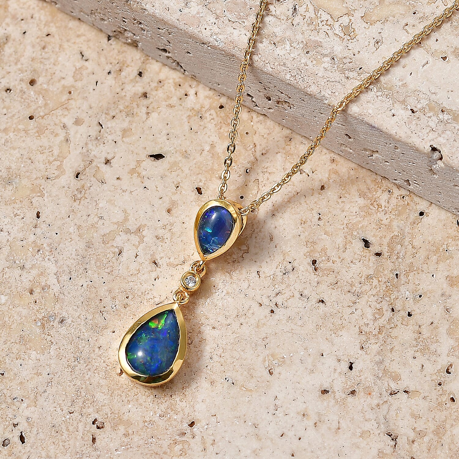 D'Joy - Boulder Opal Triplet & White Zircon Pendant with Chain (Size 20) in Yellow Gold Plated Sterling Silver 1.30 Ct.