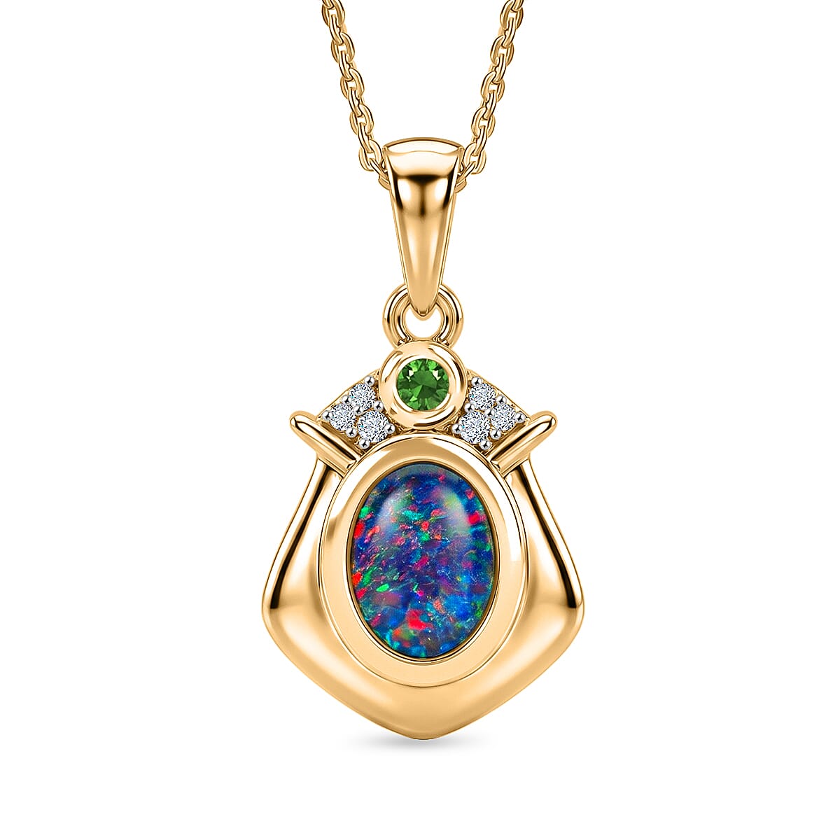 D'Joy - Boulder Opal Triplet, Natural Chrome Diopside & White Zircon Pendant with Chain (Size 20) in Yellow Gold Plated Sterling Silver
