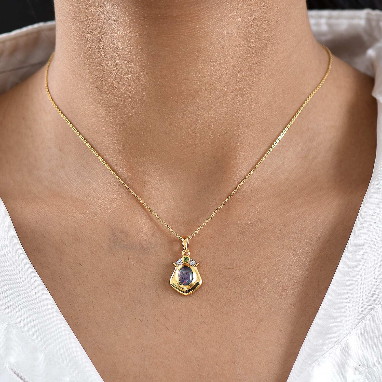 D'Joy - Boulder Opal Triplet, Natural Chrome Diopside & White Zircon Pendant with Chain (Size 20) in Yellow Gold Plated Sterling Silver