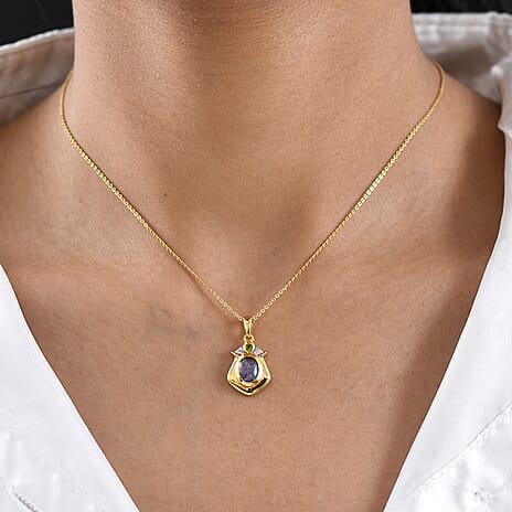 D'Joy - Boulder Opal Triplet, Natural Chrome Diopside & White Zircon Pendant with Chain (Size 20) in Yellow Gold Plated Sterling Silver