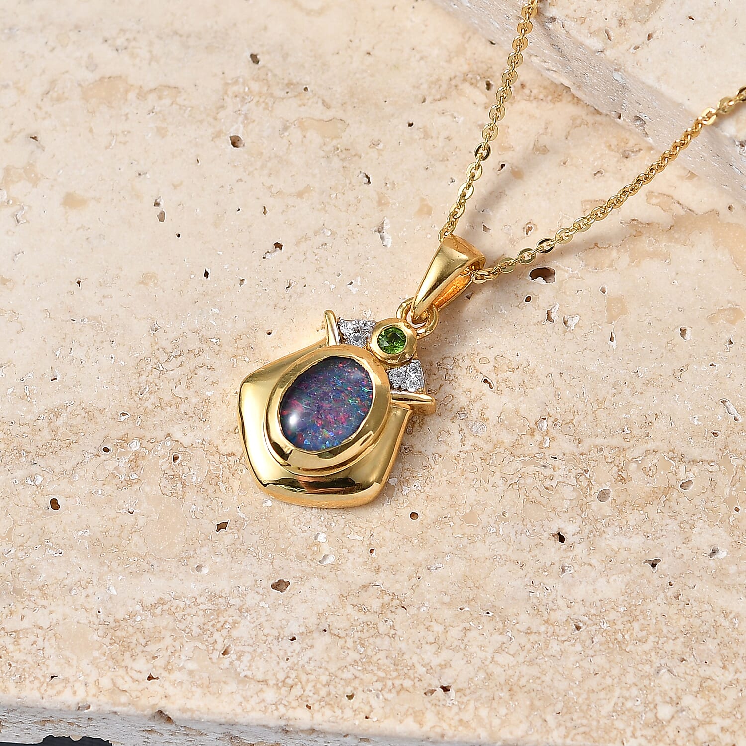 D'Joy - Boulder Opal Triplet, Natural Chrome Diopside & White Zircon Pendant with Chain (Size 20) in Yellow Gold Plated Sterling Silver