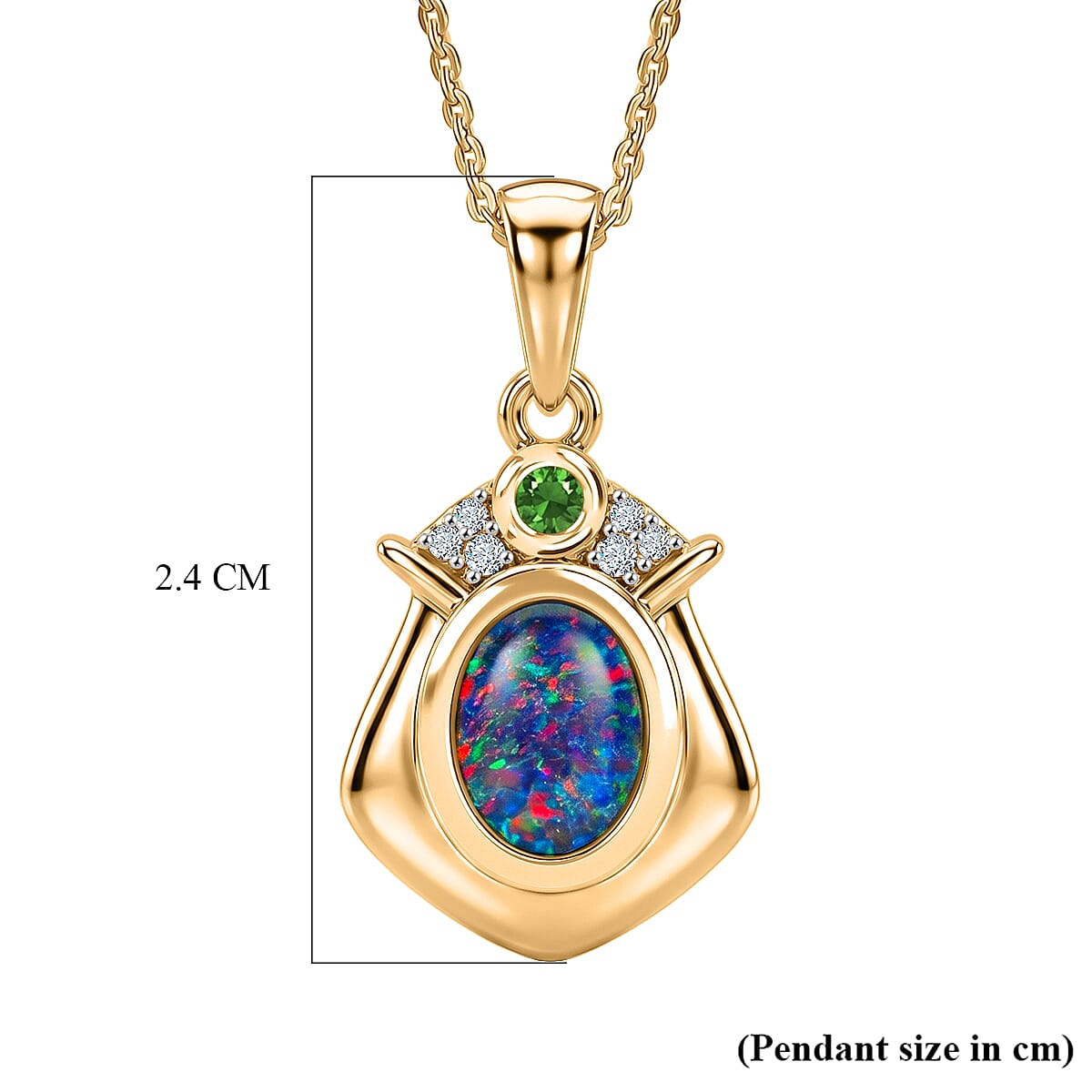 D'Joy - Boulder Opal Triplet, Natural Chrome Diopside & White Zircon Pendant with Chain (Size 20) in Yellow Gold Plated Sterling Silver
