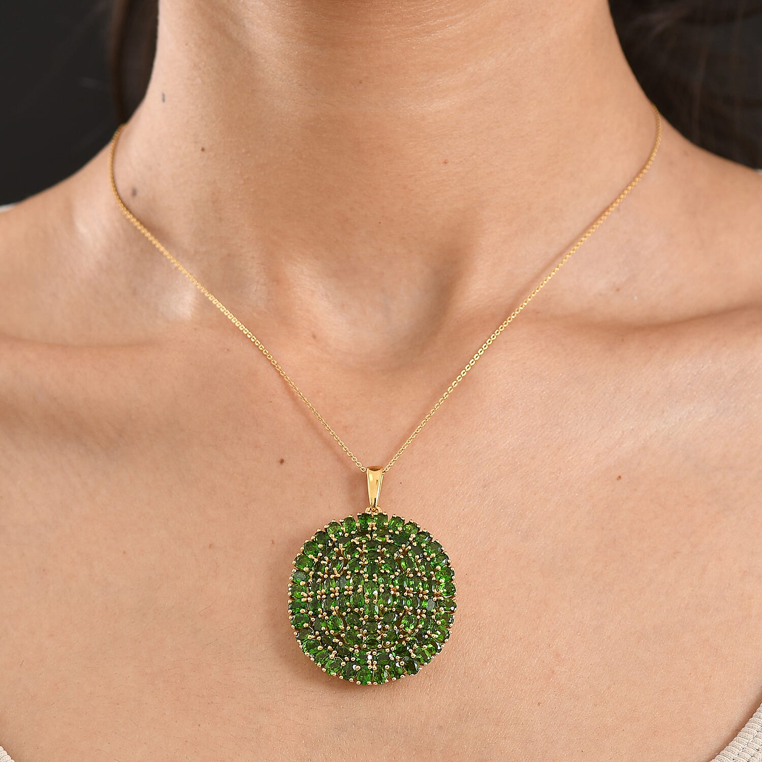 D'Joy - Natural Chrome Diopside Pendant with Chain (Size 20) in 18K Vermeil Yellow Gold Plated Sterling Silver 14.40 Ct, Silver Wt. 10.30 Gms