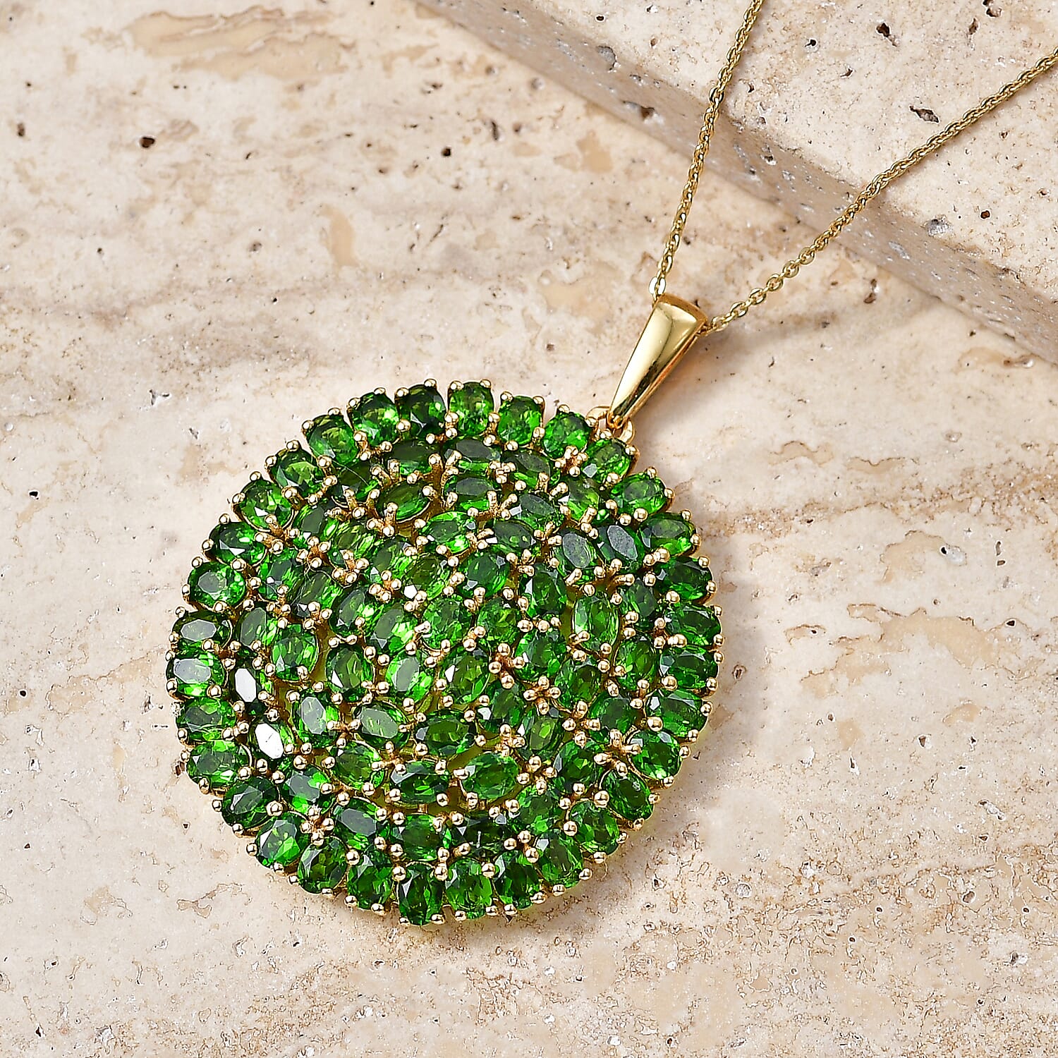 D'Joy - Natural Chrome Diopside Pendant with Chain (Size 20) in 18K Vermeil Yellow Gold Plated Sterling Silver 14.40 Ct, Silver Wt. 10.30 Gms