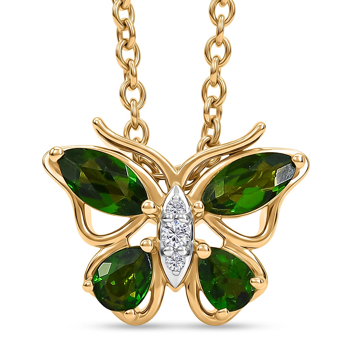 D'Joy - Natural Chrome Diopside & White Zircon Butterfly Pendant with Chain (Size 20) 0.95 Ct.