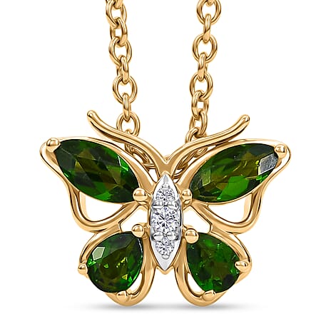 D'Joy - Natural Chrome Diopside & White Zircon Butterfly Pendant with Chain (Size 20) 0.95 Ct.
