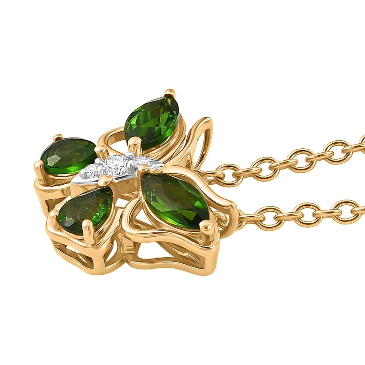 D'Joy - Natural Chrome Diopside & White Zircon Butterfly Pendant with Chain (Size 20) 0.95 Ct.