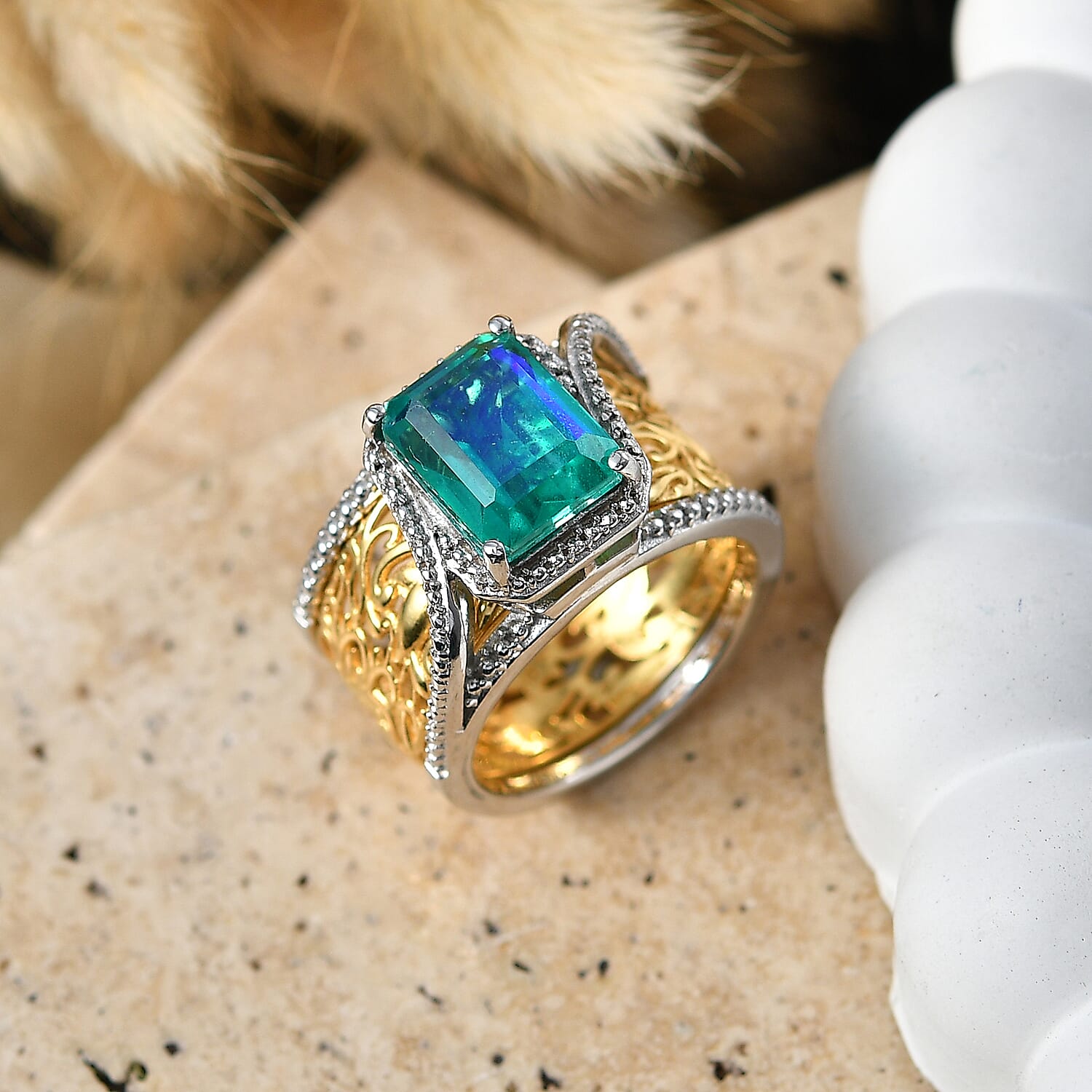 Set of 2 - EverTrue Peacock Triplet Quartz Ring in Two Tone Plating 3.70 Ct.