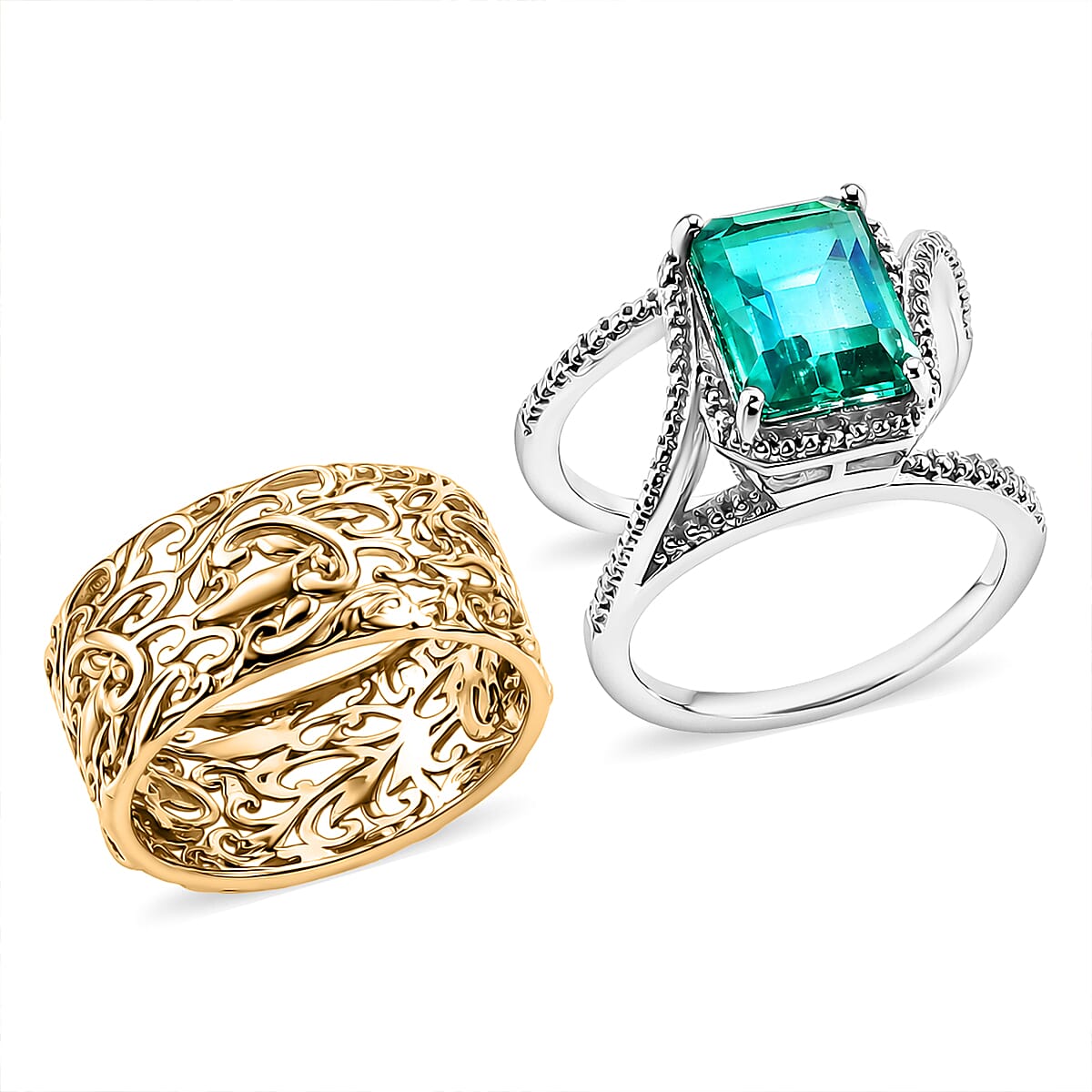 Set of 2 - EverTrue Peacock Triplet Quartz Ring in Two Tone Plating 3.70 Ct.