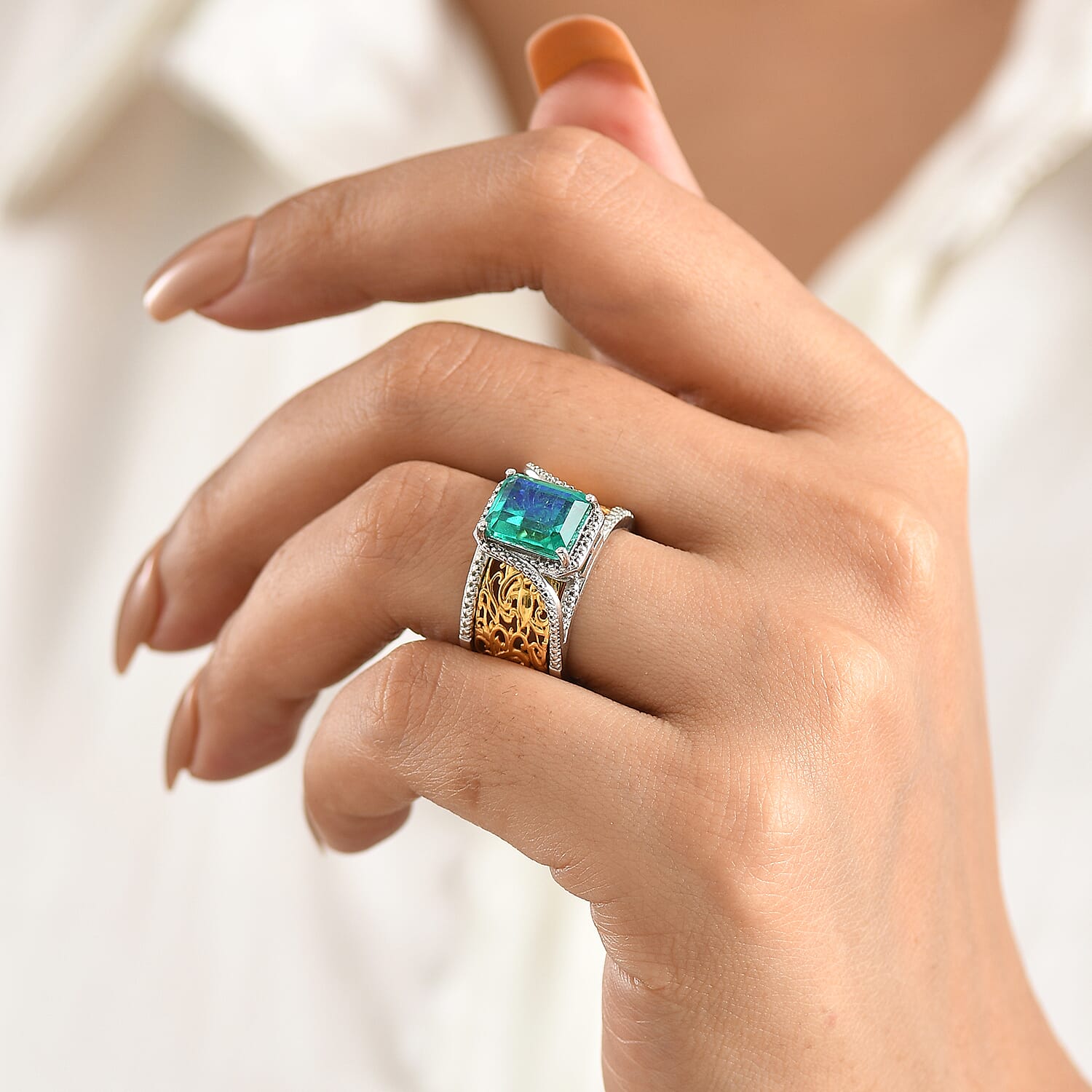 Set of 2 - EverTrue Peacock Triplet Quartz Ring in Two Tone Plating 3.70 Ct.