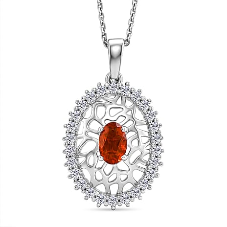 D'Joy - Fire Opal & Moissanite Pendant with Chain (Size 20) in Rhodium Overlay Sterling Silver