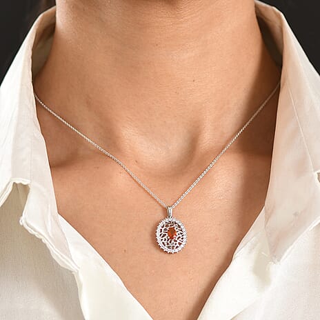 D'Joy - Fire Opal & Moissanite Pendant with Chain (Size 20) in Rhodium Overlay Sterling Silver