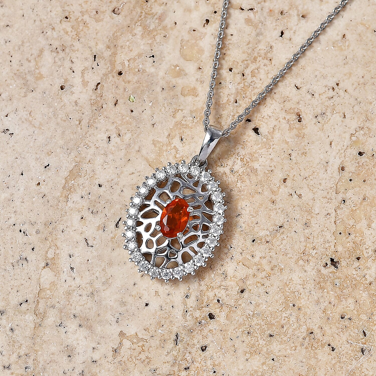 D'Joy - Fire Opal & Moissanite Pendant with Chain (Size 20) in Rhodium Overlay Sterling Silver