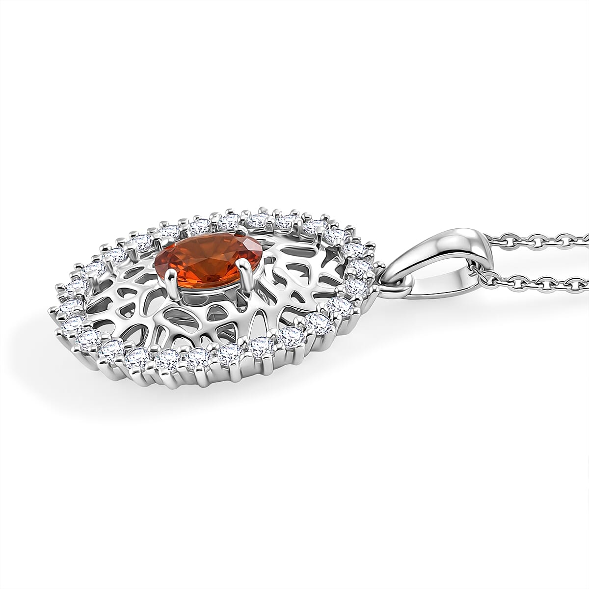 D'Joy - Fire Opal & Moissanite Pendant with Chain (Size 20) in Rhodium Overlay Sterling Silver