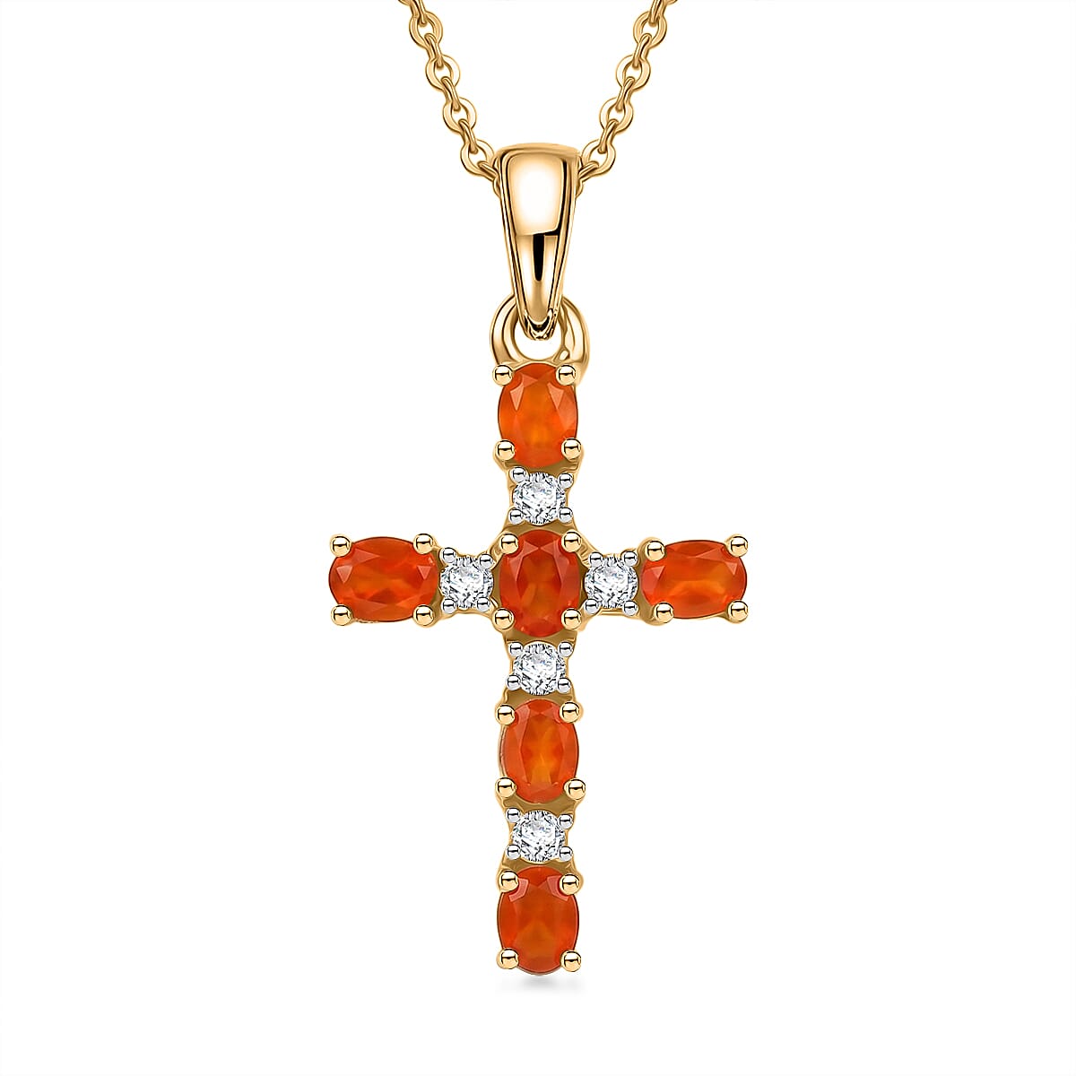 D'Joy - Fire Opal & White Zircon Pendant with Chain (Size 20) in Yellow Gold Plated Sterling Silver