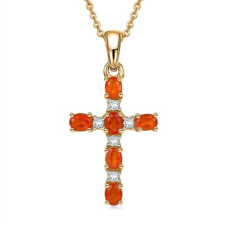 D'Joy - Fire Opal & White Zircon Pendant with Chain (Size 20) in Yellow Gold Plated Sterling Silver