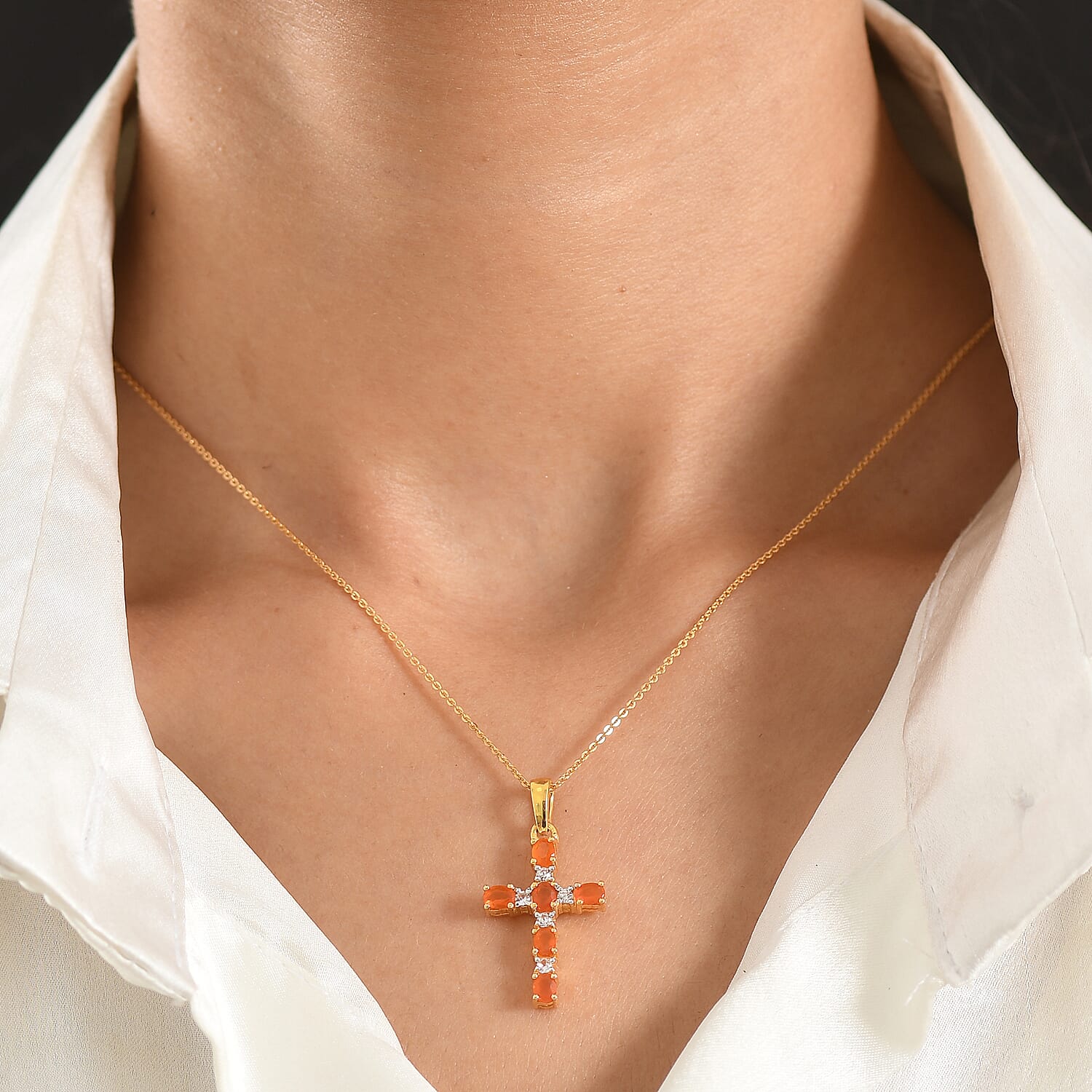 D'Joy - Fire Opal & White Zircon Pendant with Chain (Size 20) in Yellow Gold Plated Sterling Silver