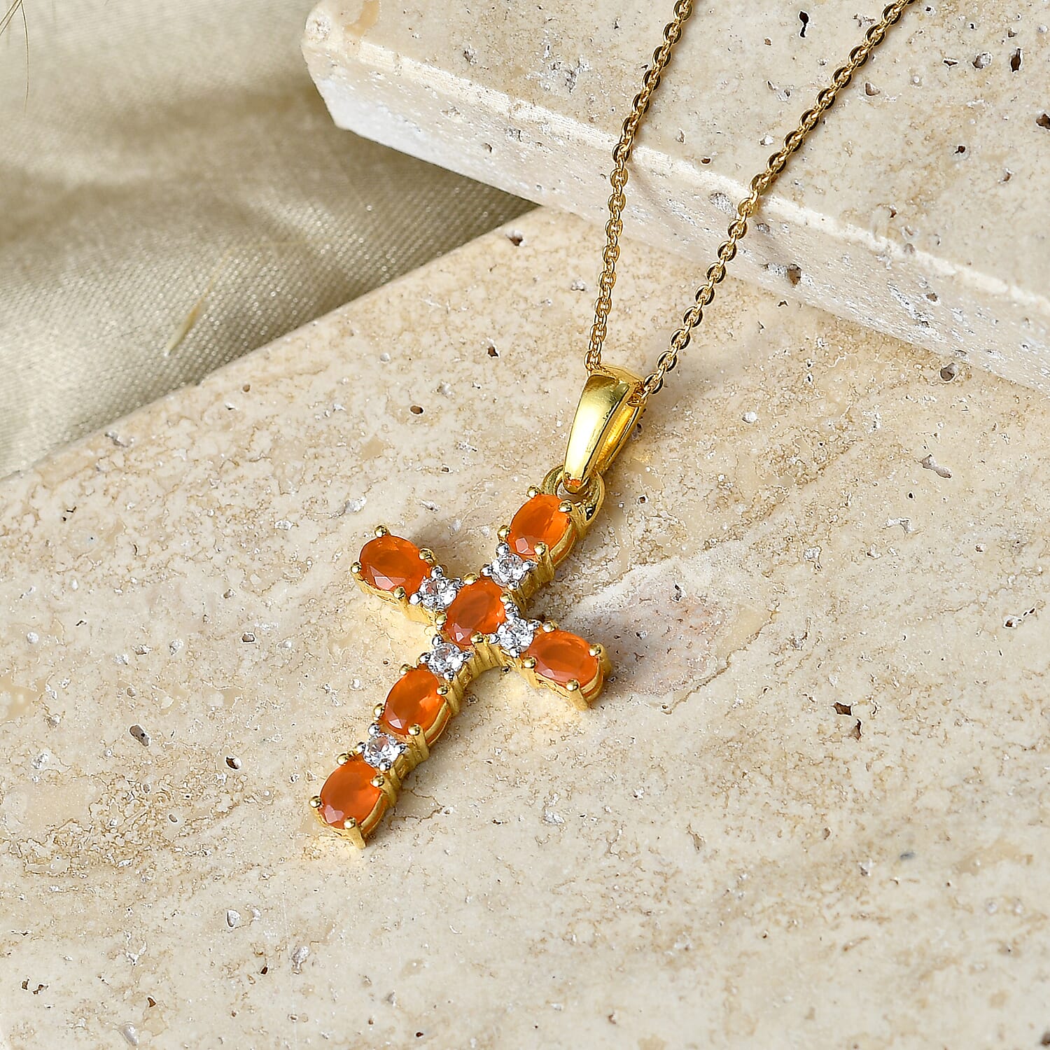 D'Joy - Fire Opal & White Zircon Pendant with Chain (Size 20) in Yellow Gold Plated Sterling Silver