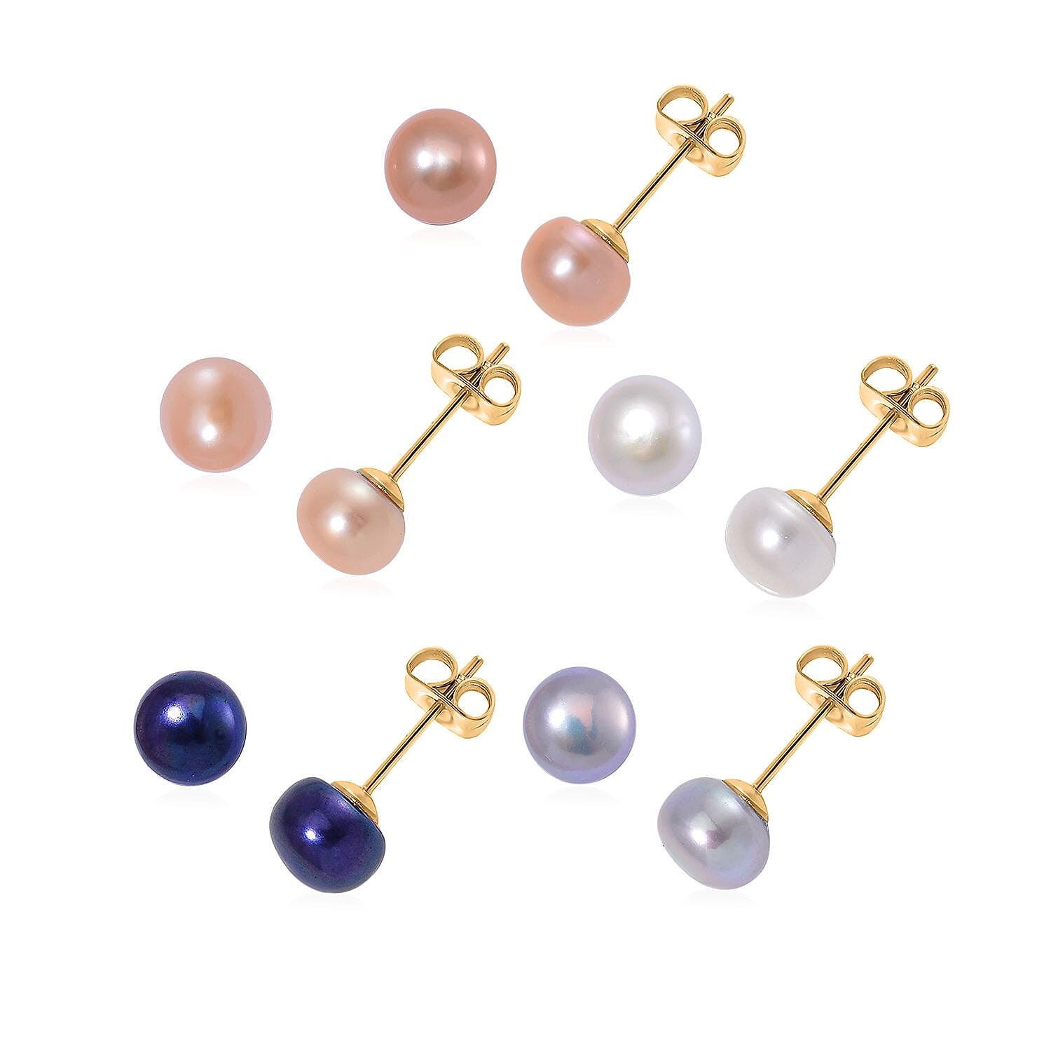 WOW Deal - Set of 5 - Multi Colour Fresh Water Pearl Stud Earrings with Push Backs in Yellow Gold Tone 12.50 Ct.