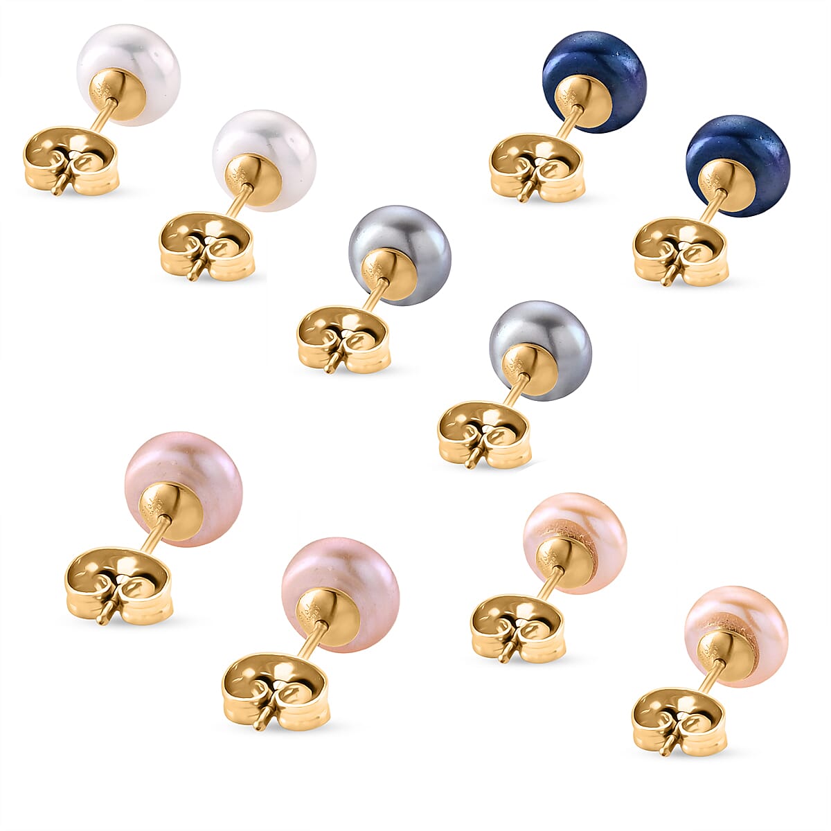 WOW Deal - Set of 5 - Multi Colour Fresh Water Pearl Stud Earrings with Push Backs in Yellow Gold Tone 12.50 Ct.