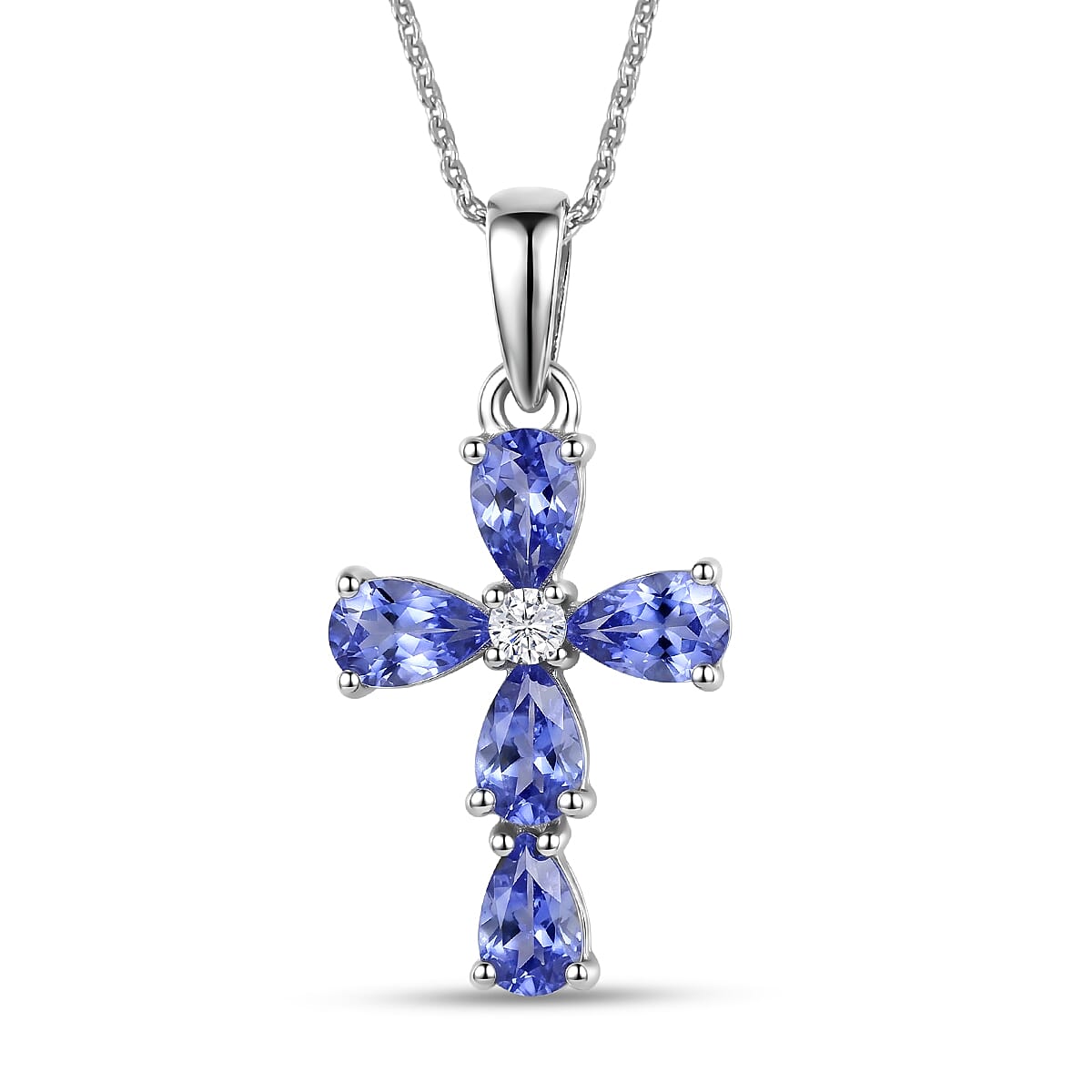 Luxuriant - Tanzanite & Lab Grown Diamond (SI-G-H) Cross Pendant with Chain (Size 20) in Rhodium Overlay Sterling Silver 1.05 Ct.