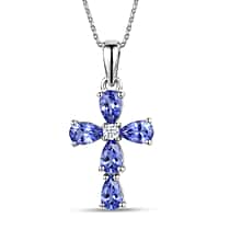 Luxuriant - Tanzanite & Lab Grown Diamond (SI-G-H) Cross Pendant with Chain (Size 20) in Rhodium Overlay Sterling Silver 1.05 Ct.