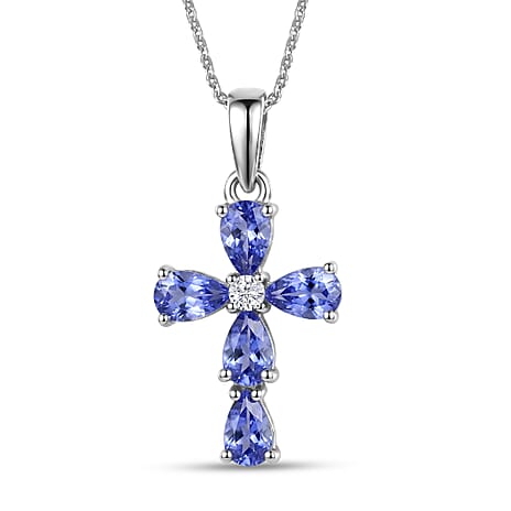 Luxuriant - Tanzanite & Lab Grown Diamond (SI-G-H) Cross Pendant with Chain (Size 20) in Rhodium Overlay Sterling Silver 1.05 Ct.