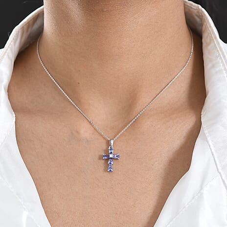 Luxuriant - Tanzanite & Lab Grown Diamond (SI-G-H) Cross Pendant with Chain (Size 20) in Rhodium Overlay Sterling Silver 1.05 Ct.