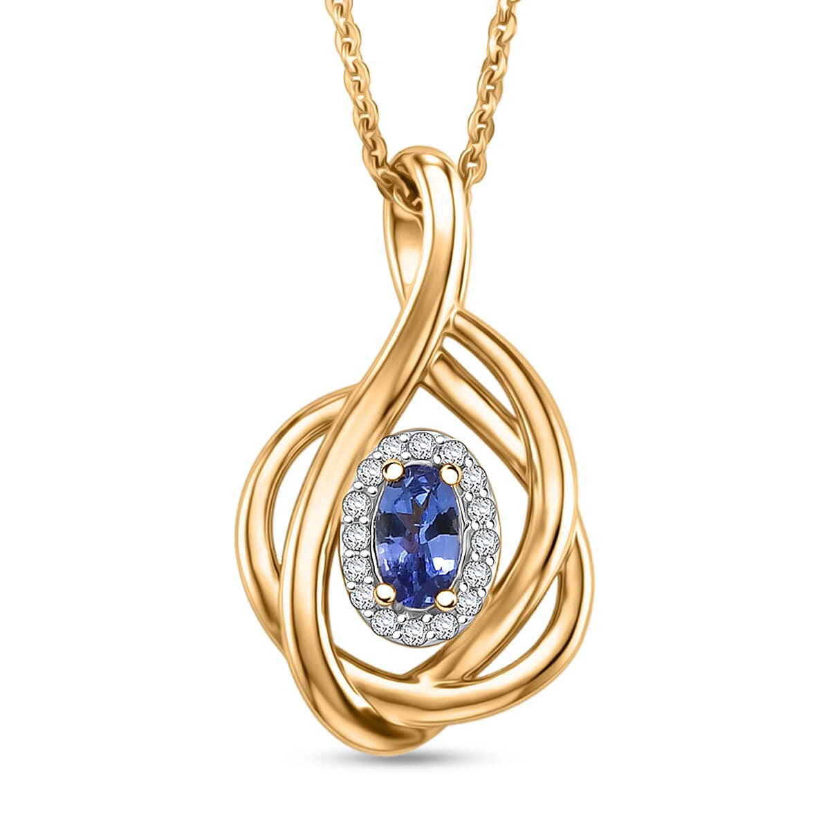D'Joy - Tanzanite & White Zircon Twisted Halo Pendant with Chain (Size 20) in Yellow Gold Plated Sterling Silver