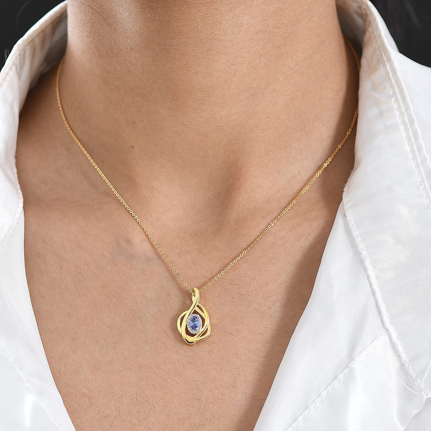 D'Joy - Tanzanite & White Zircon Twisted Halo Pendant with Chain (Size 20) in Yellow Gold Plated Sterling Silver