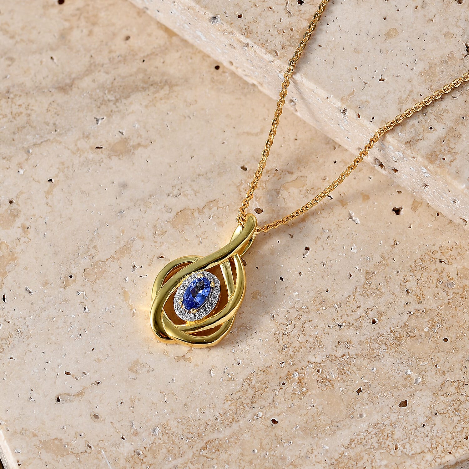D'Joy - Tanzanite & White Zircon Twisted Halo Pendant with Chain (Size 20) in Yellow Gold Plated Sterling Silver