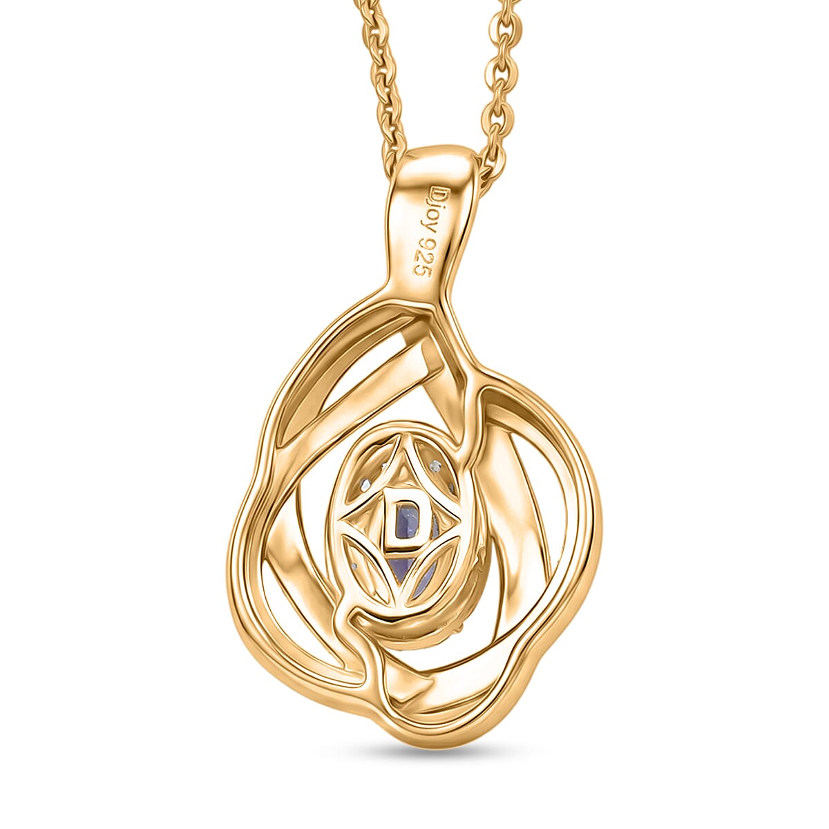 D'Joy - Tanzanite & White Zircon Twisted Halo Pendant with Chain (Size 20) in Yellow Gold Plated Sterling Silver