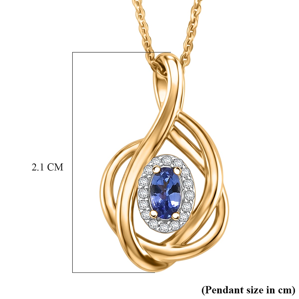 D'Joy - Tanzanite & White Zircon Twisted Halo Pendant with Chain (Size 20) in Yellow Gold Plated Sterling Silver