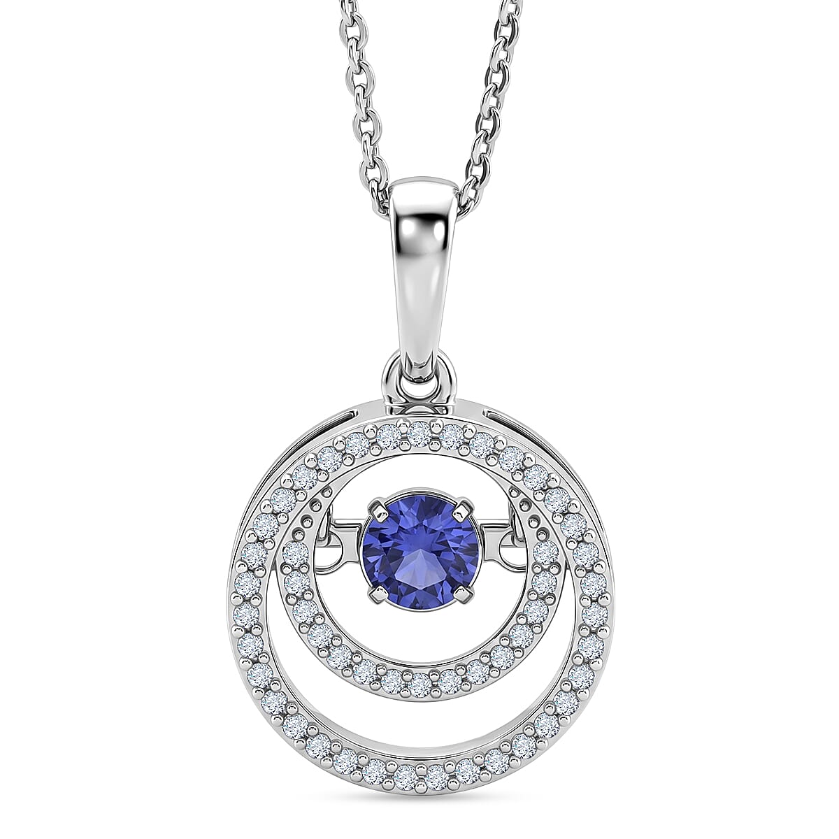 D'Joy - Tanzanite & White Zircon Solitaire Pendant with Chain (Size 20) in Rhodium Overlay Sterling Silver
