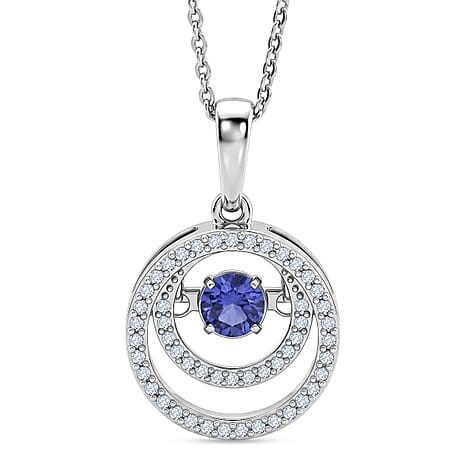 D'Joy - Tanzanite & White Zircon Solitaire Pendant with Chain (Size 20) in Rhodium Overlay Sterling Silver