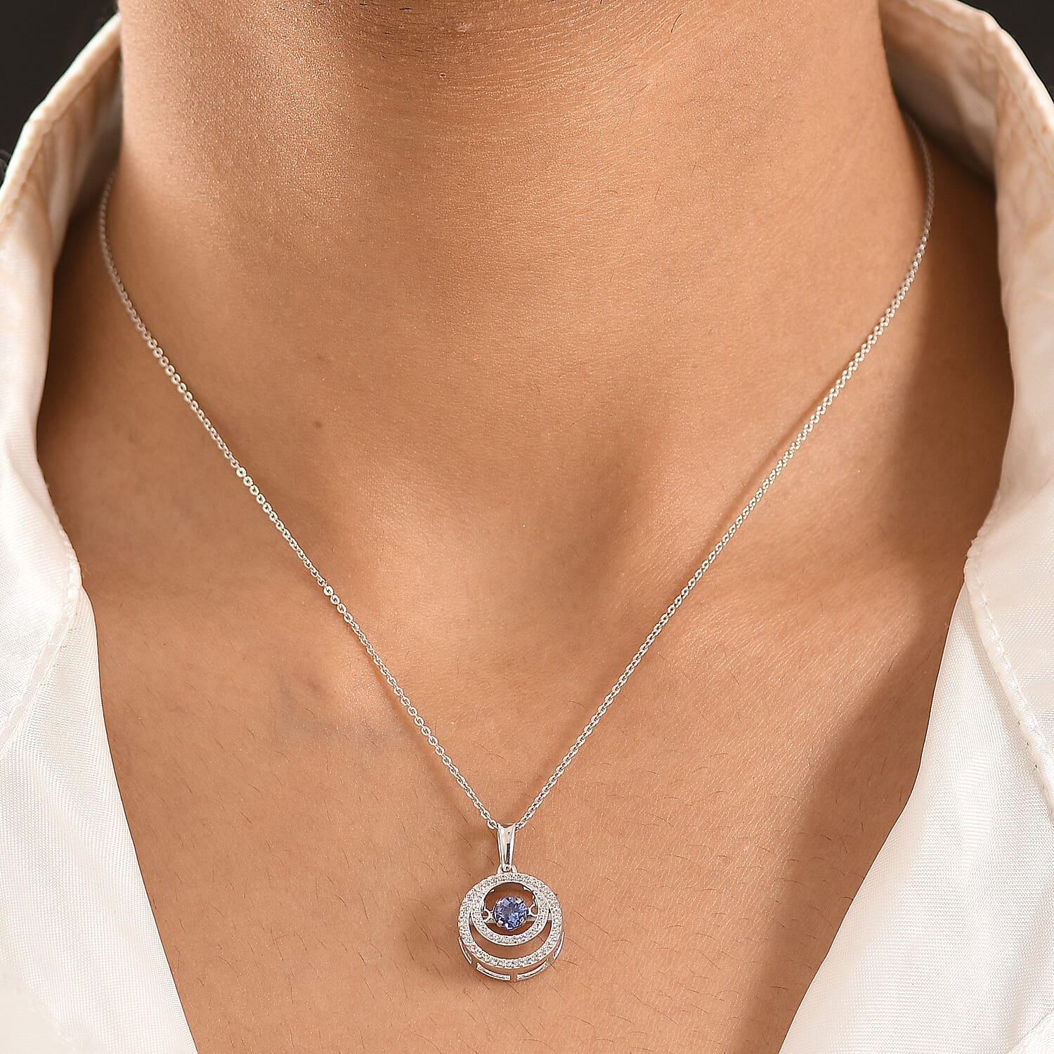 D'Joy - Tanzanite & White Zircon Solitaire Pendant with Chain (Size 20) in Rhodium Overlay Sterling Silver