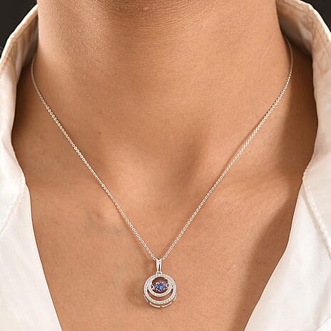 D'Joy - Tanzanite & White Zircon Solitaire Pendant with Chain (Size 20) in Rhodium Overlay Sterling Silver