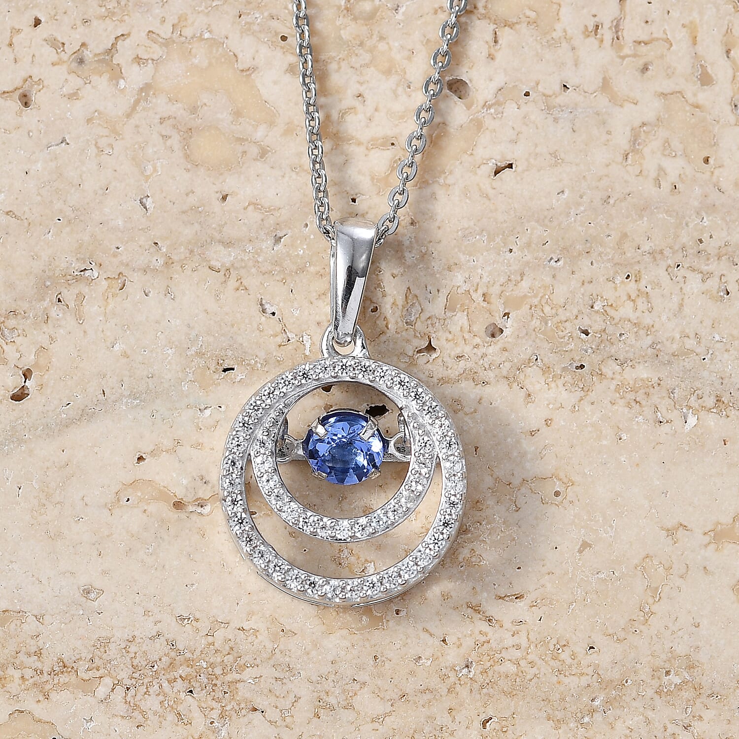 D'Joy - Tanzanite & White Zircon Solitaire Pendant with Chain (Size 20) in Rhodium Overlay Sterling Silver