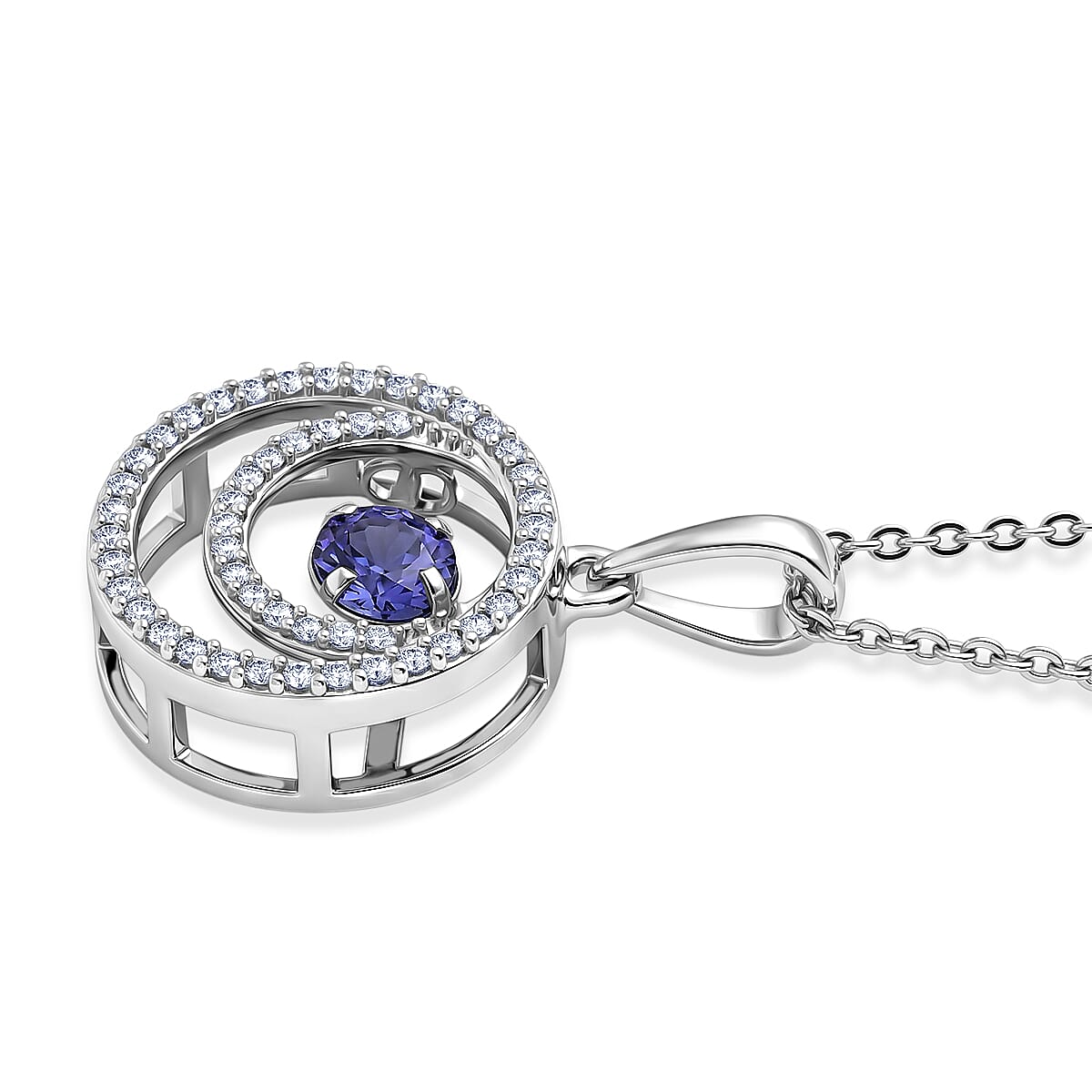 D'Joy - Tanzanite & White Zircon Solitaire Pendant with Chain (Size 20) in Rhodium Overlay Sterling Silver