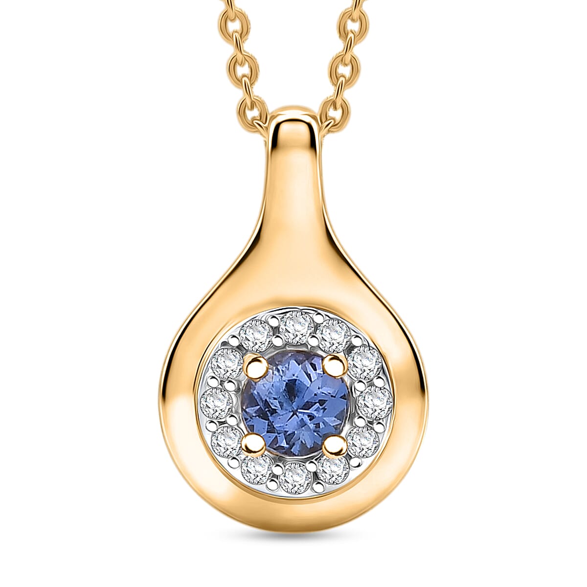 D'Joy - Tanzanite & White Zircon Halo Pendant with Chain (Size 20) in Yellow Gold Plated Sterling Silver