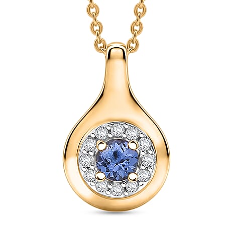 D'Joy - Tanzanite & White Zircon Halo Pendant with Chain (Size 20) in Yellow Gold Plated Sterling Silver