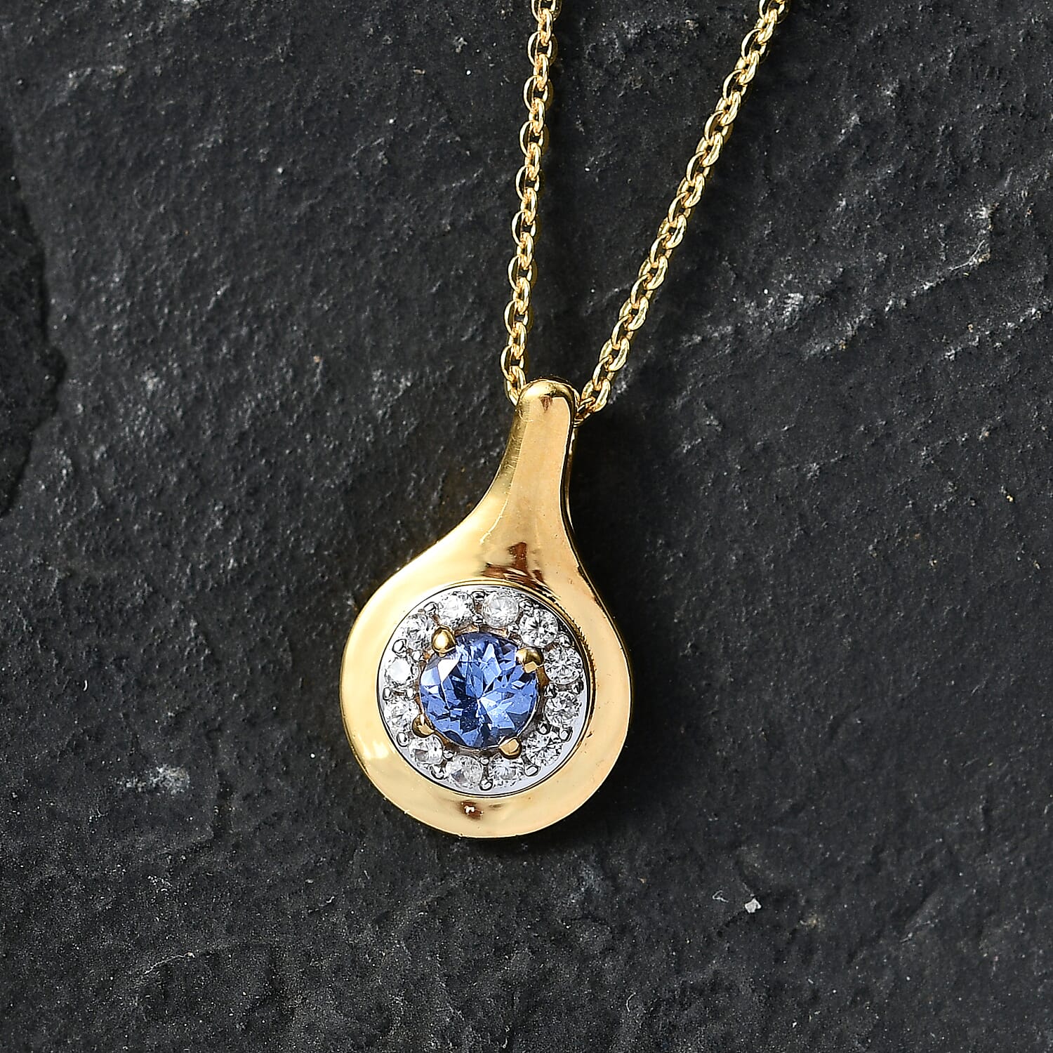 D'Joy - Tanzanite & White Zircon Halo Pendant with Chain (Size 20) in Yellow Gold Plated Sterling Silver