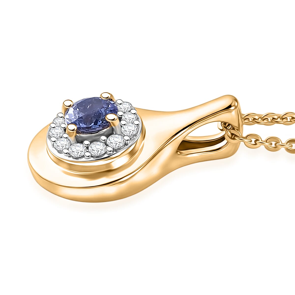 D'Joy - Tanzanite & White Zircon Halo Pendant with Chain (Size 20) in Yellow Gold Plated Sterling Silver