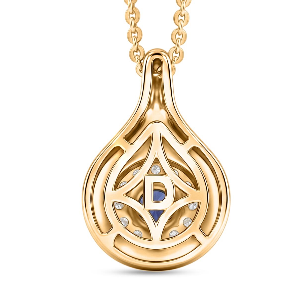 D'Joy - Tanzanite & White Zircon Halo Pendant with Chain (Size 20) in Yellow Gold Plated Sterling Silver