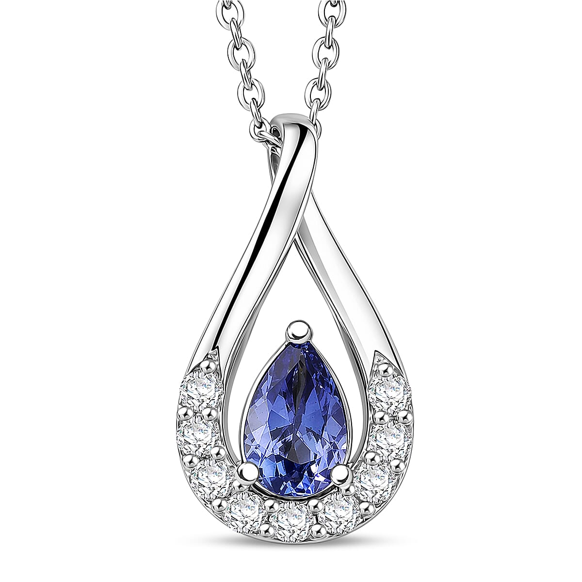 D'Joy - Tanzanite & White Zircon Pear Cut Solitaire Pendant with Chain (Size 20) in Platinum Overlay Sterling Silver