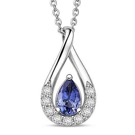 D'Joy - Tanzanite & White Zircon Pear Cut Solitaire Pendant with Chain (Size 20) in Platinum Overlay Sterling Silver