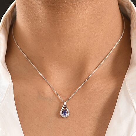 D'Joy - Tanzanite & White Zircon Pear Cut Solitaire Pendant with Chain (Size 20) in Platinum Overlay Sterling Silver